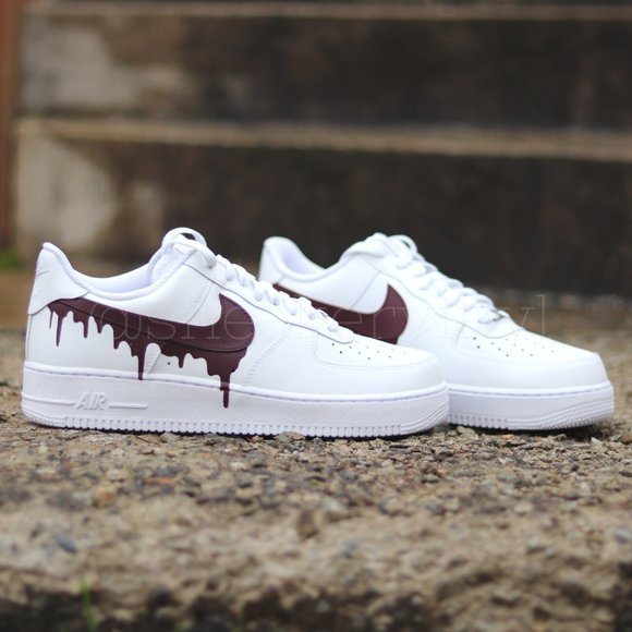 Nike Air Force 1 Low White Burgundy Paint Drip Custom NWT - Picture 4 of 9